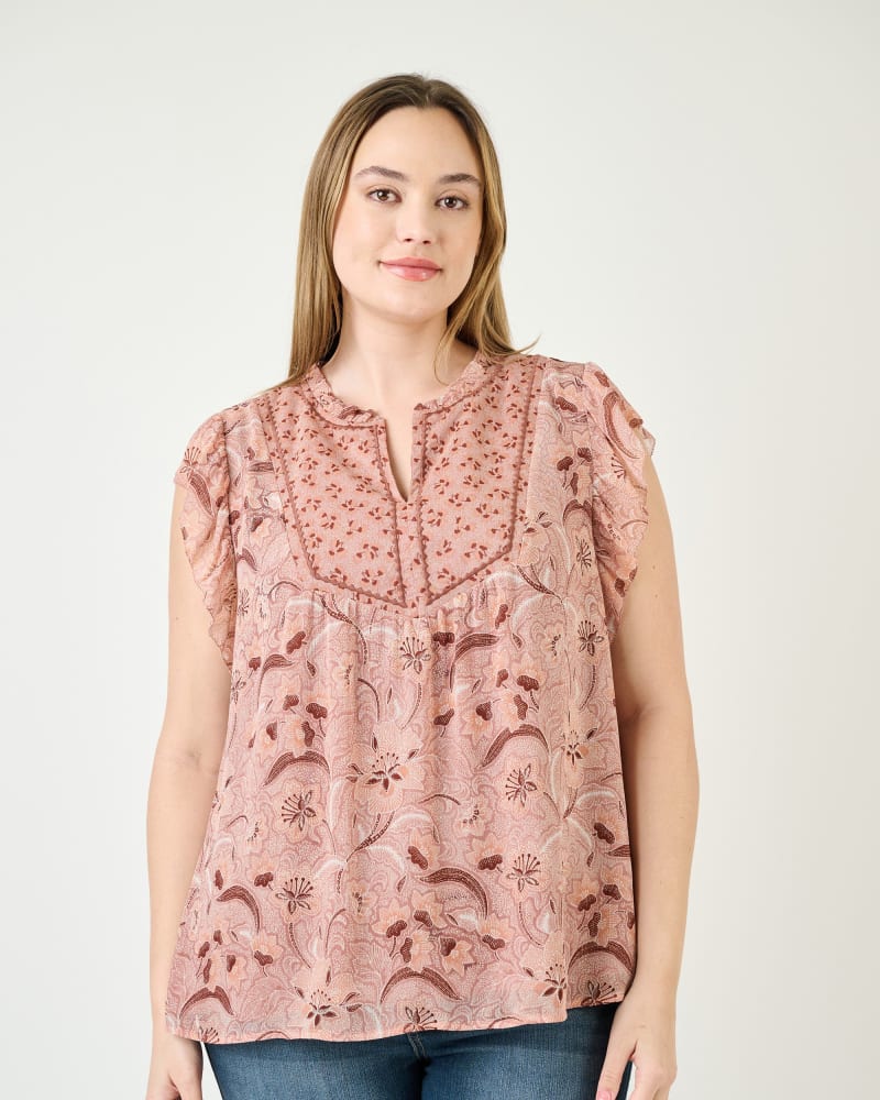 Front of a model wearing a size 2X Adalyn Ruffle Sleeve Top in N677 Lt. Grape by Daniel Rainn. | dia_product_style_image_id:271842